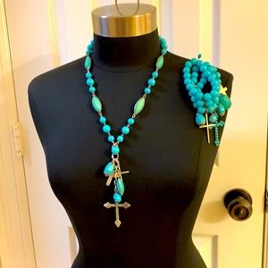 Teal Bead & Cross Necklace and Bracelet